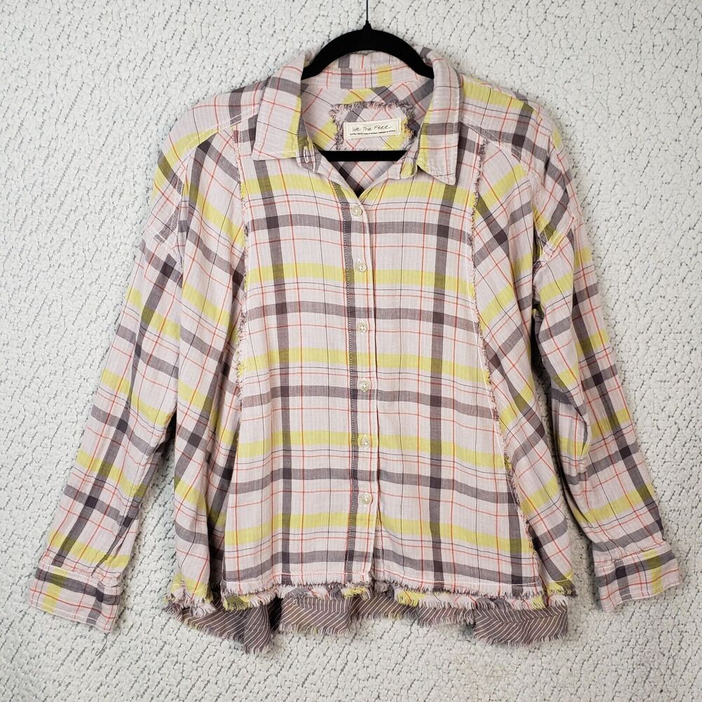 Free People Top Seeking Starlight Plaid Button Down Shirt Pink XS Boho Grunge